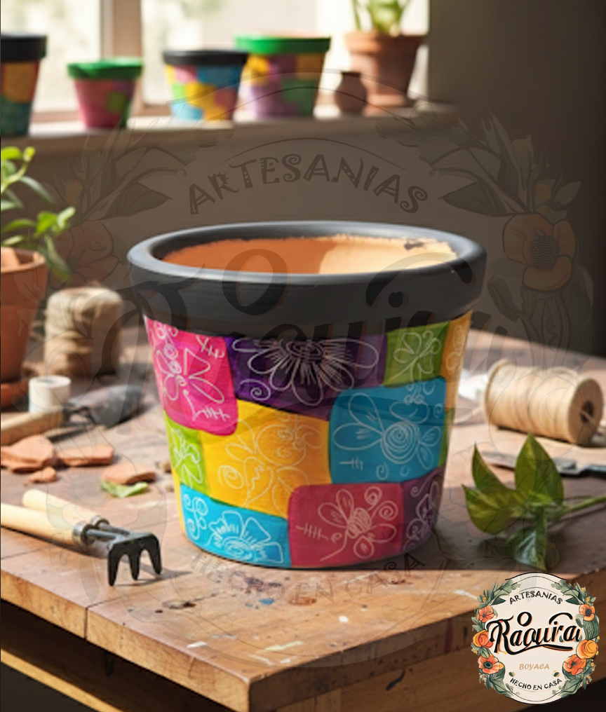 Matera Artesanal Cilíndrica de Colores Pintada a Mano