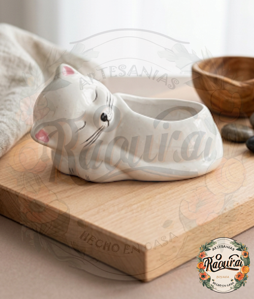 Matera Gato Dormido Cerámica Artesanal Suculentas Cactus Hecho A Mano