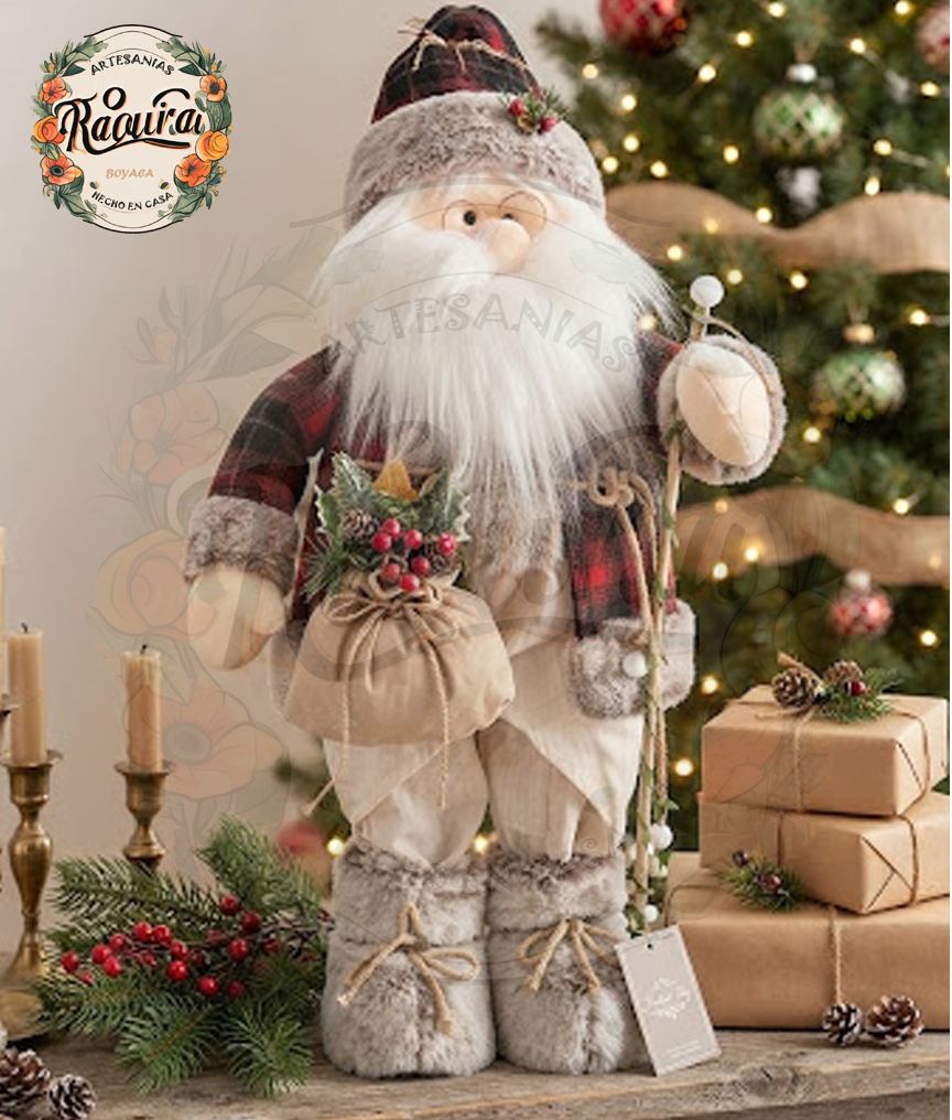 Muñeco Papá Noel Artesanal con Traje de Cuadros y Bastón rústico | Decoración Navideña