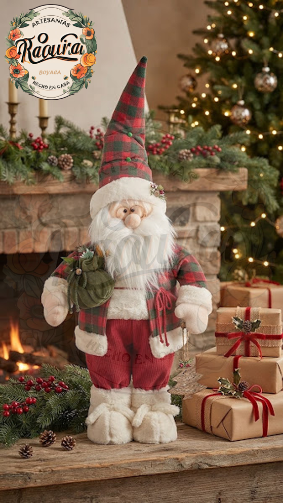 Muñeco Papá Noel Artesanal con Traje de Cuadros rojo rústico | Decoración Navideña