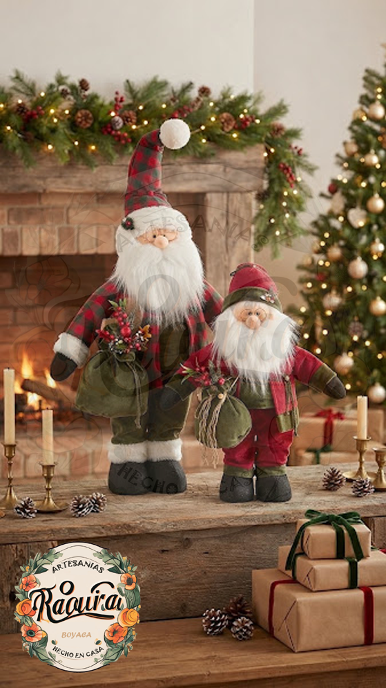 Pareja Papá Noel Artesanal con Traje de Cuadros rojo rústico | Decoración Navideña